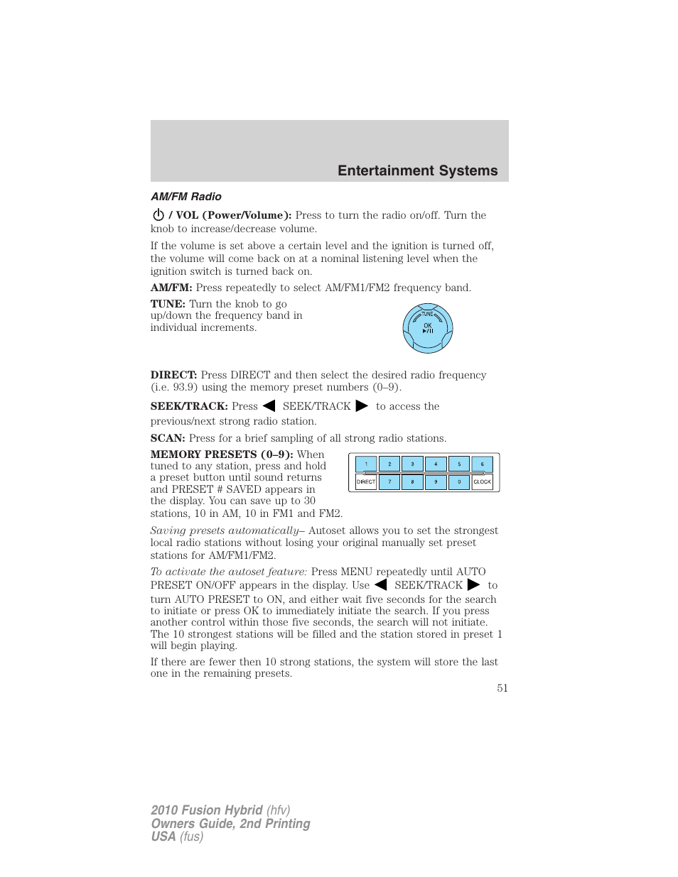 Am/fm radio, Entertainment systems | FORD 2010 Fusion Hybrid v.2 User Manual | Page 51 / 327