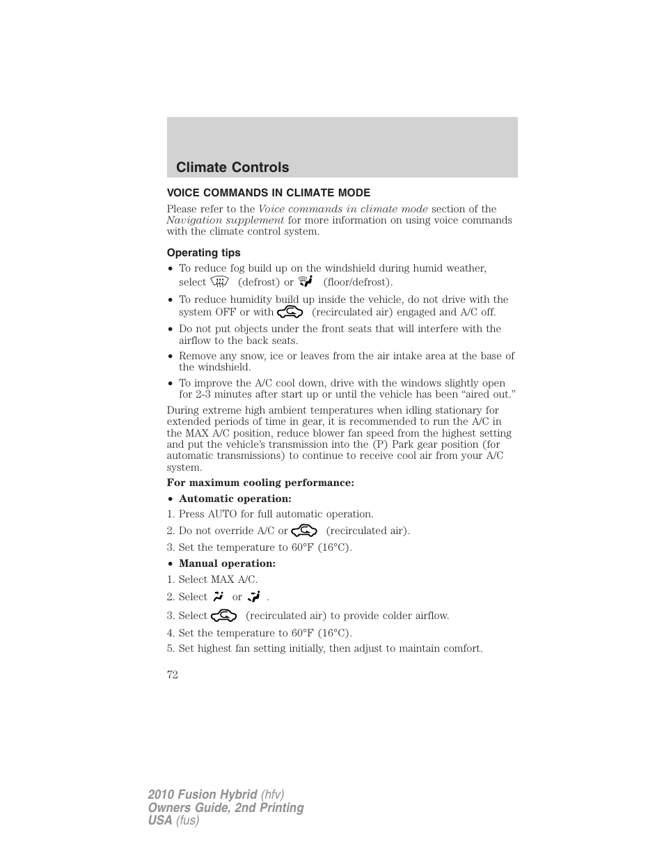 Voice commands in climate mode, Operating tips, Climate controls | FORD 2010 Fusion Hybrid v.2 User Manual | Page 72 / 327