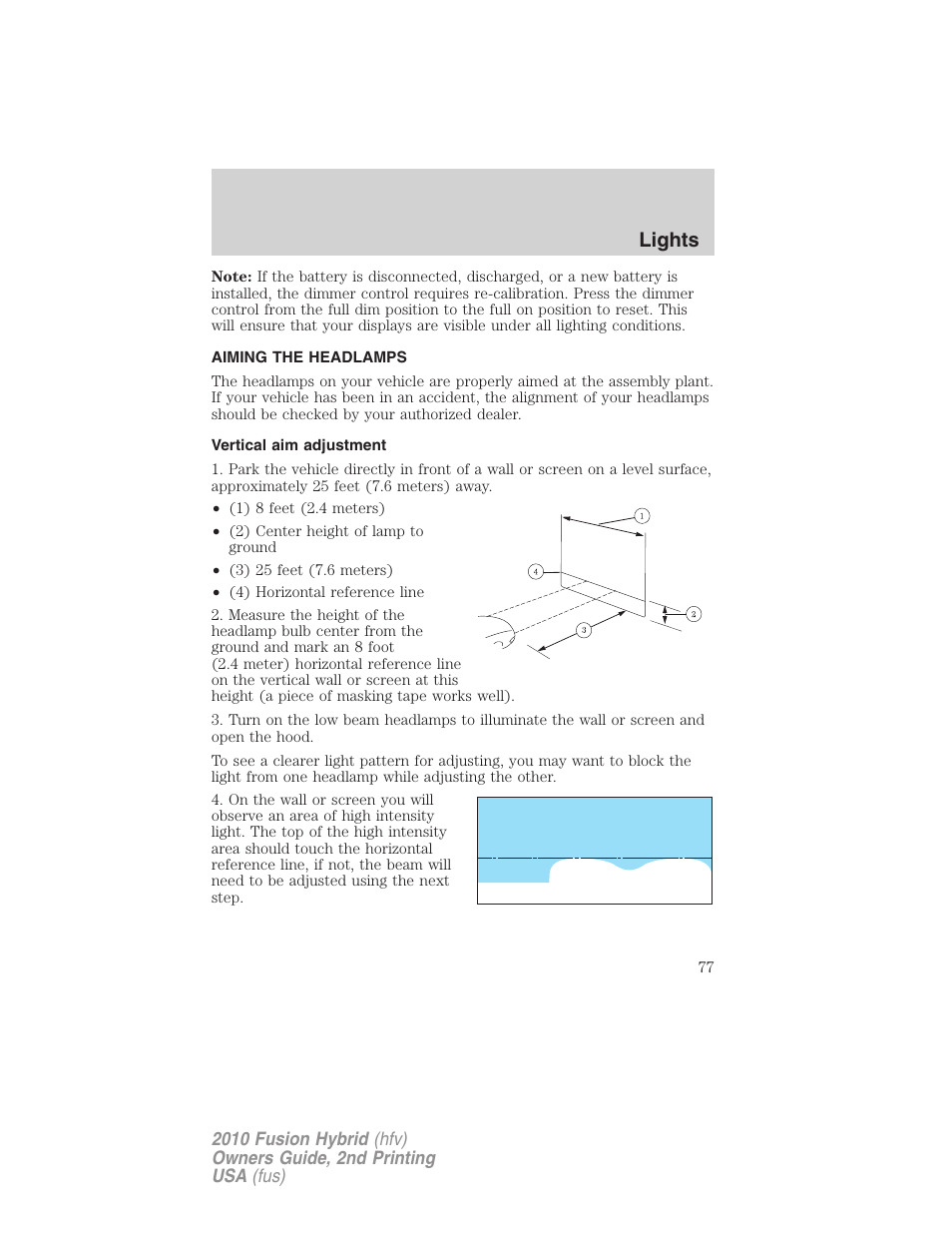 Aiming the headlamps, Vertical aim adjustment, Lights | FORD 2010 Fusion Hybrid v.2 User Manual | Page 77 / 327