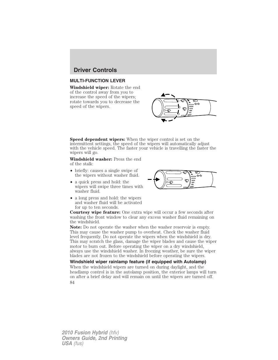 Driver controls, Multi-function lever, Windshield wiper/washer control | FORD 2010 Fusion Hybrid v.2 User Manual | Page 84 / 327