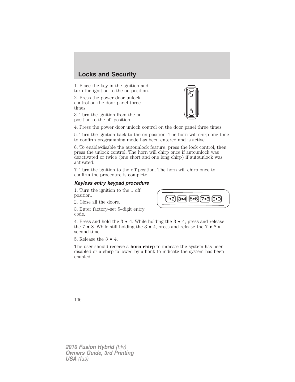 Keyless entry keypad procedure, Locks and security | FORD 2010 Fusion Hybrid v.3 User Manual | Page 106 / 329