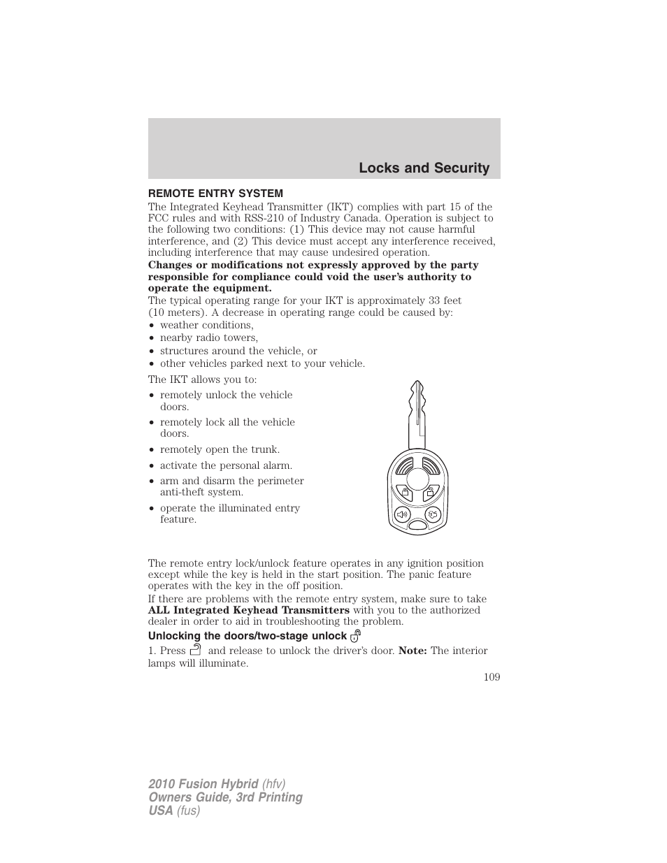 Remote entry system, Unlocking the doors/two-stage unlock, Locks and security | FORD 2010 Fusion Hybrid v.3 User Manual | Page 109 / 329