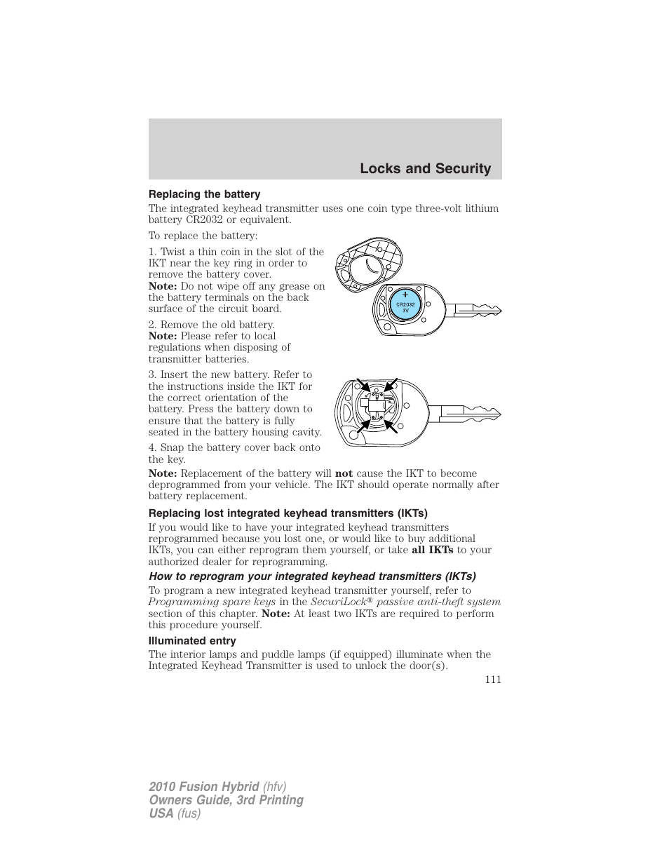 Replacing the battery, Illuminated entry, Locks and security | FORD 2010 Fusion Hybrid v.3 User Manual | Page 111 / 329