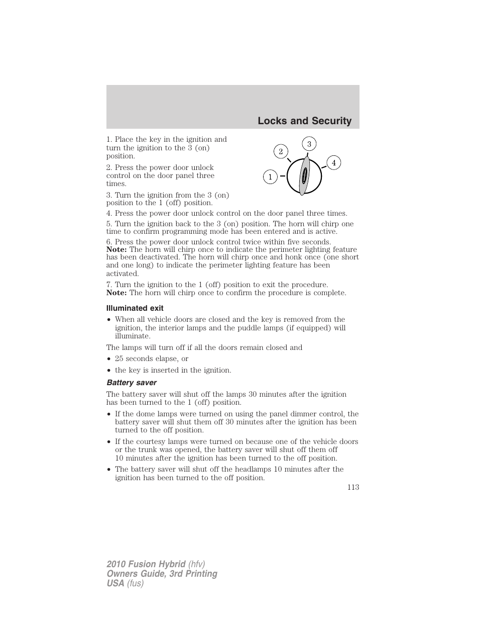 Illuminated exit, Battery saver, Locks and security | FORD 2010 Fusion Hybrid v.3 User Manual | Page 113 / 329