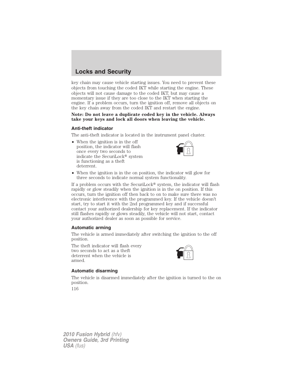 Anti-theft indicator, Automatic arming, Automatic disarming | Locks and security | FORD 2010 Fusion Hybrid v.3 User Manual | Page 116 / 329