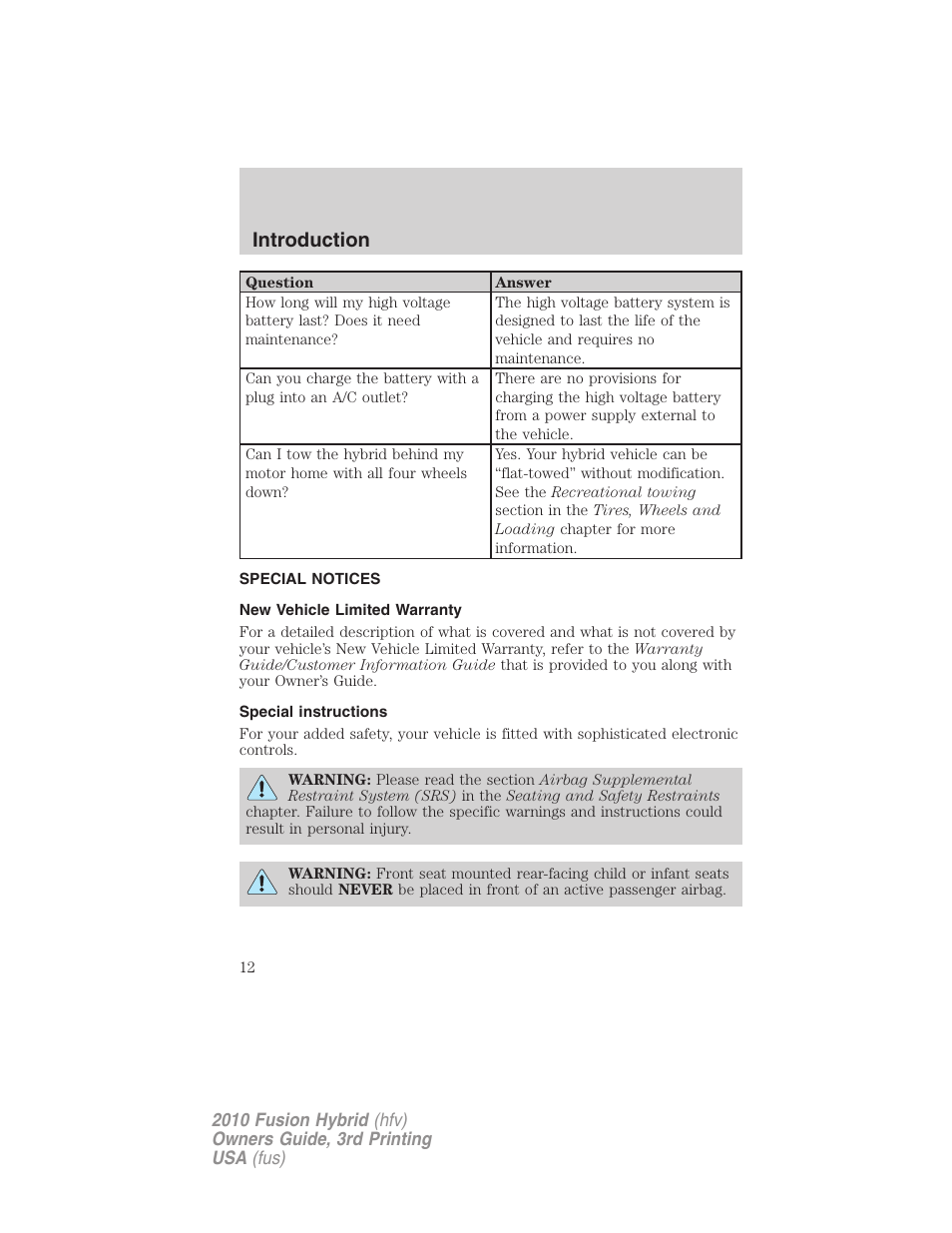 Special notices, New vehicle limited warranty, Special instructions | Introduction | FORD 2010 Fusion Hybrid v.3 User Manual | Page 12 / 329