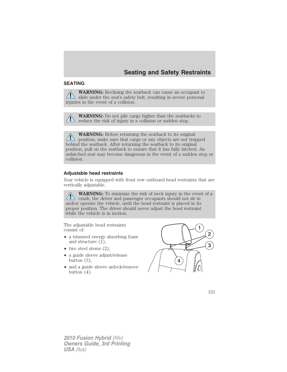 Seating and safety restraints, Seating, Adjustable head restraints | FORD 2010 Fusion Hybrid v.3 User Manual | Page 121 / 329