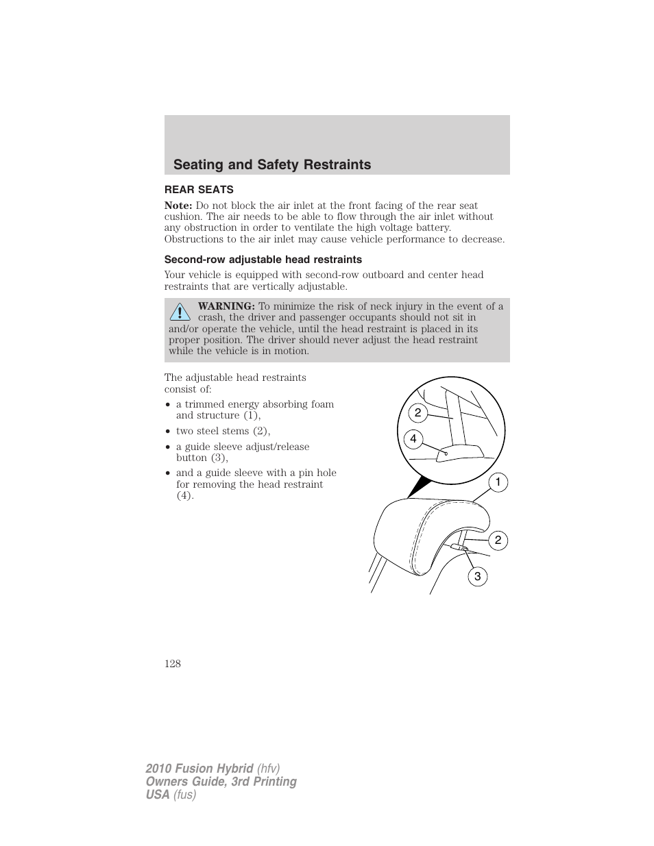 Rear seats, Second-row adjustable head restraints, Seating and safety restraints | FORD 2010 Fusion Hybrid v.3 User Manual | Page 128 / 329
