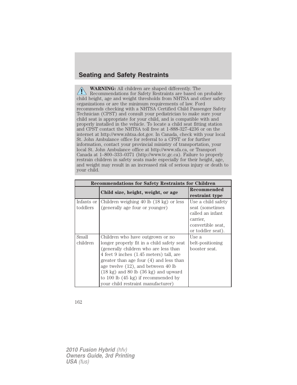 Seating and safety restraints | FORD 2010 Fusion Hybrid v.3 User Manual | Page 162 / 329