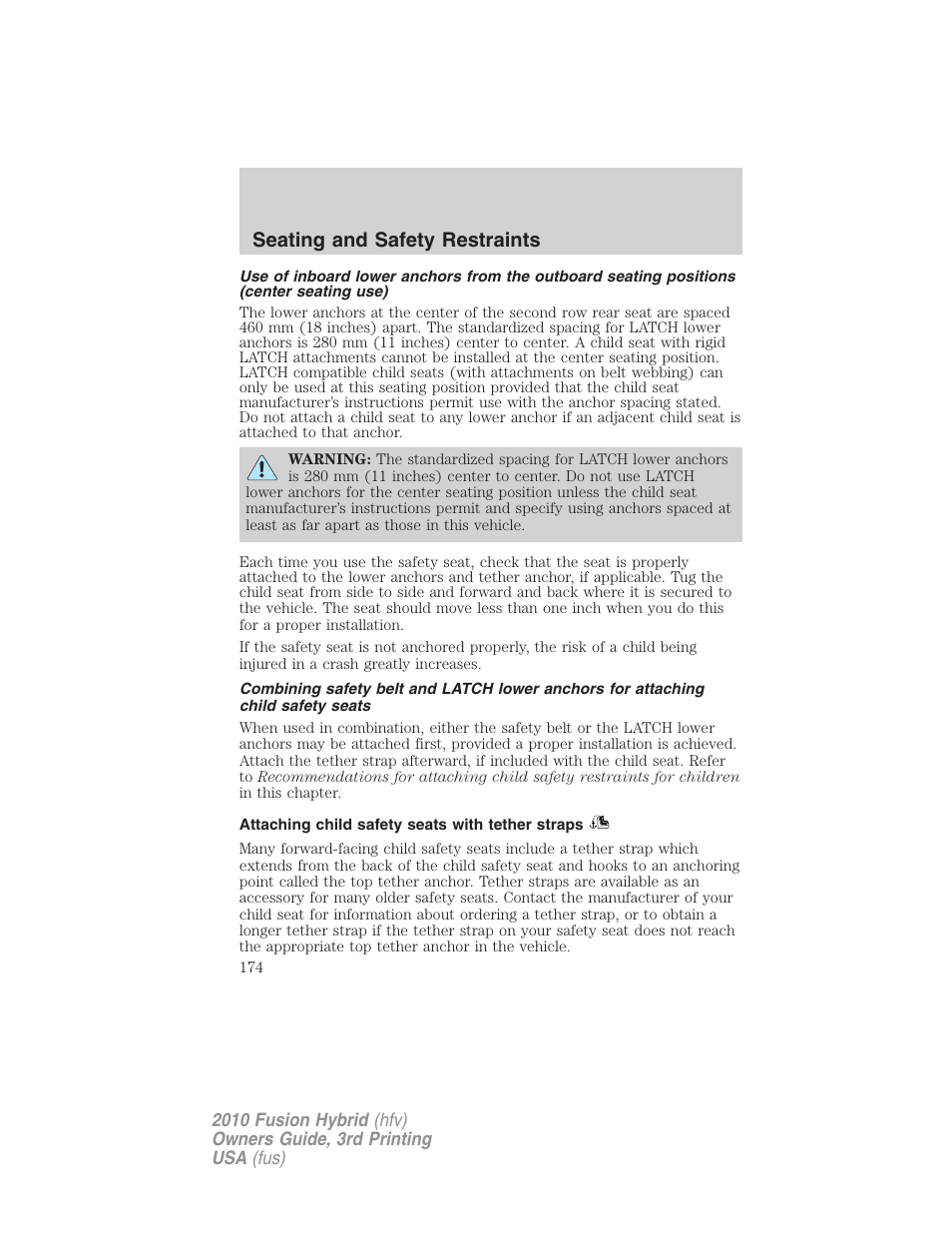 Attaching child safety seats with tether straps, Seating and safety restraints | FORD 2010 Fusion Hybrid v.3 User Manual | Page 174 / 329