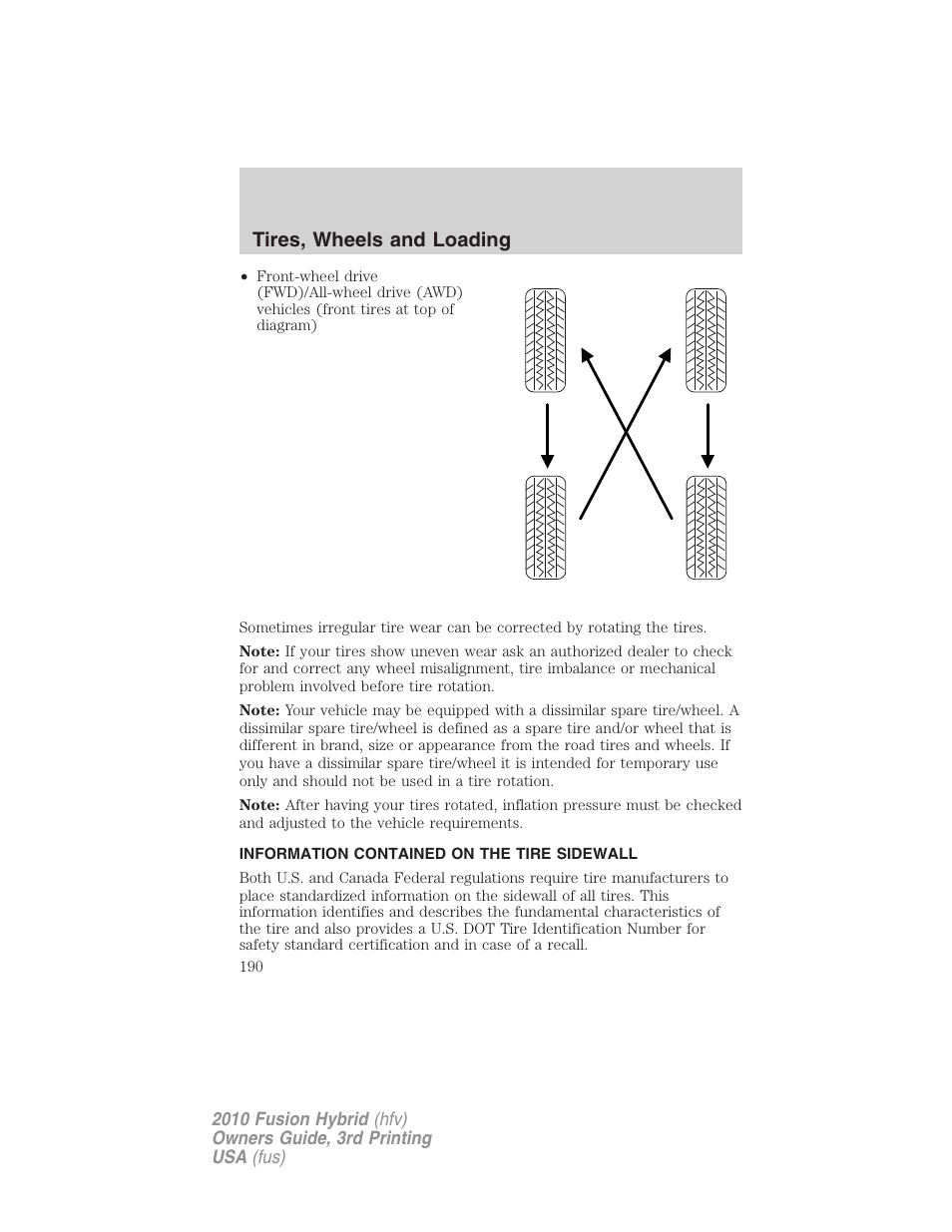 Information contained on the tire sidewall, Tires, wheels and loading | FORD 2010 Fusion Hybrid v.3 User Manual | Page 190 / 329