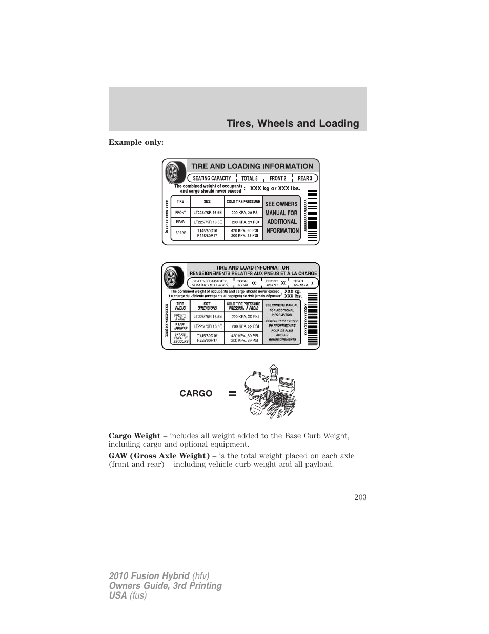 Tires, wheels and loading | FORD 2010 Fusion Hybrid v.3 User Manual | Page 203 / 329