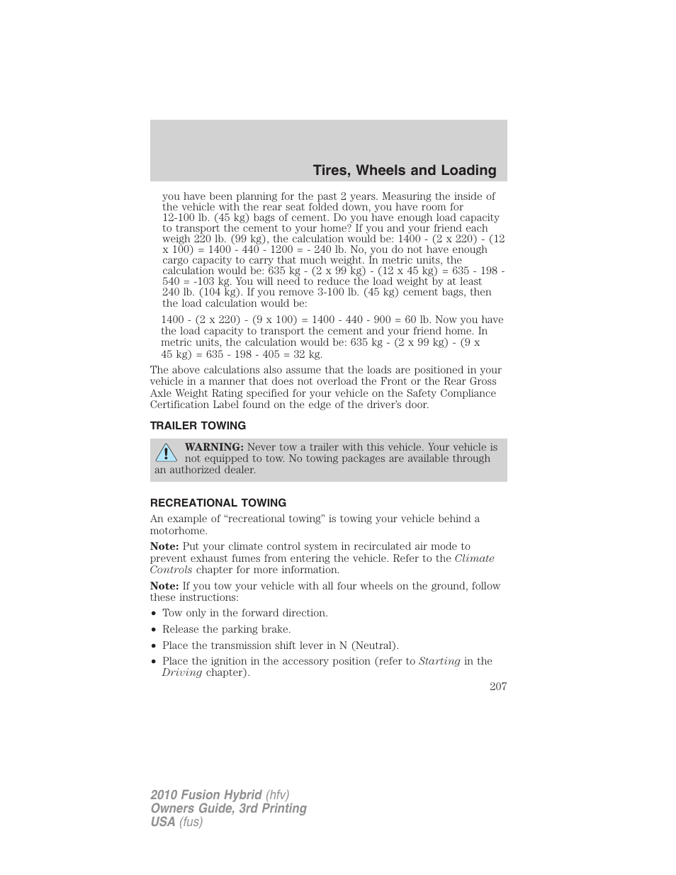 Trailer towing, Recreational towing, Tires, wheels and loading | FORD 2010 Fusion Hybrid v.3 User Manual | Page 207 / 329