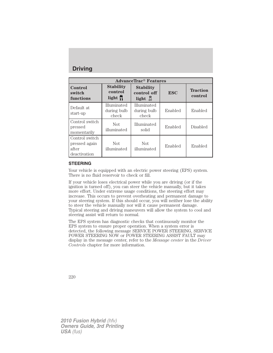 Steering, Driving | FORD 2010 Fusion Hybrid v.3 User Manual | Page 220 / 329