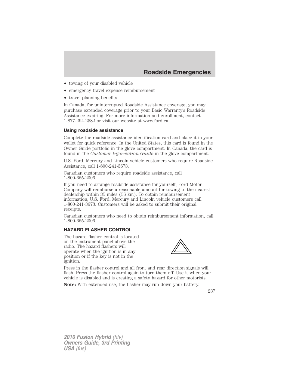 Using roadside assistance, Hazard flasher control, Roadside emergencies | FORD 2010 Fusion Hybrid v.3 User Manual | Page 237 / 329