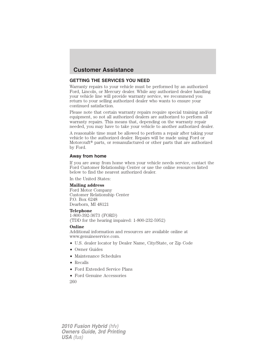 Customer assistance, Getting the services you need, Away from home | FORD 2010 Fusion Hybrid v.3 User Manual | Page 260 / 329