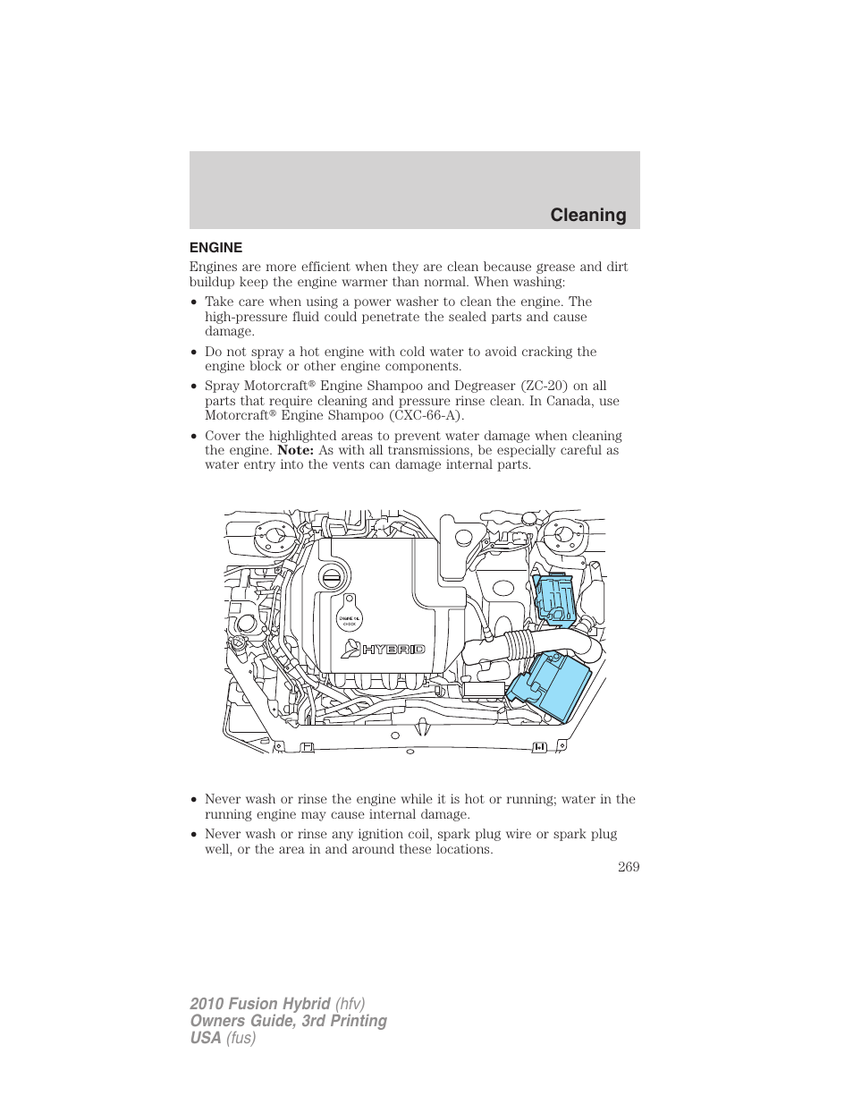 Engine, Cleaning | FORD 2010 Fusion Hybrid v.3 User Manual | Page 269 / 329