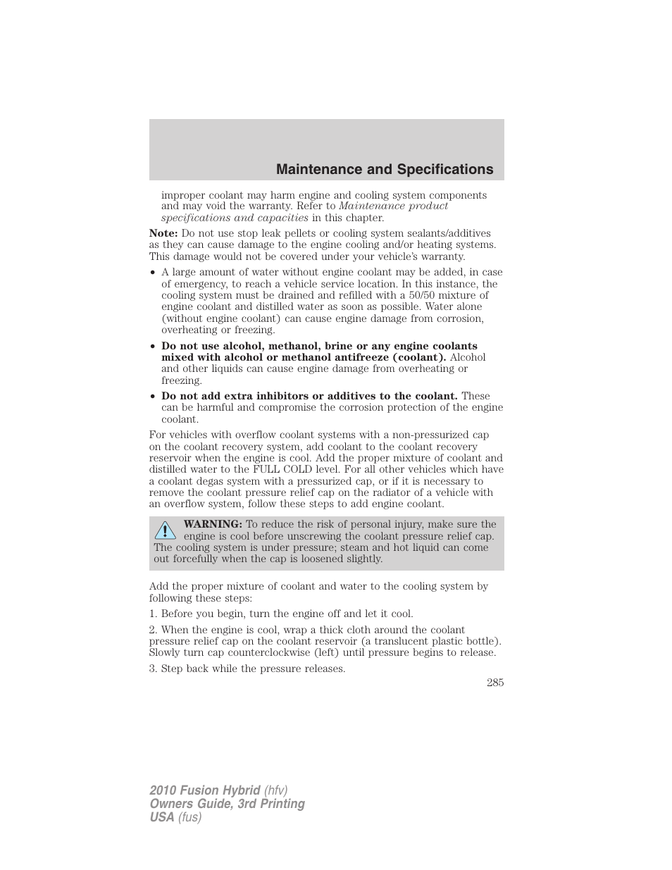 Maintenance and specifications | FORD 2010 Fusion Hybrid v.3 User Manual | Page 285 / 329