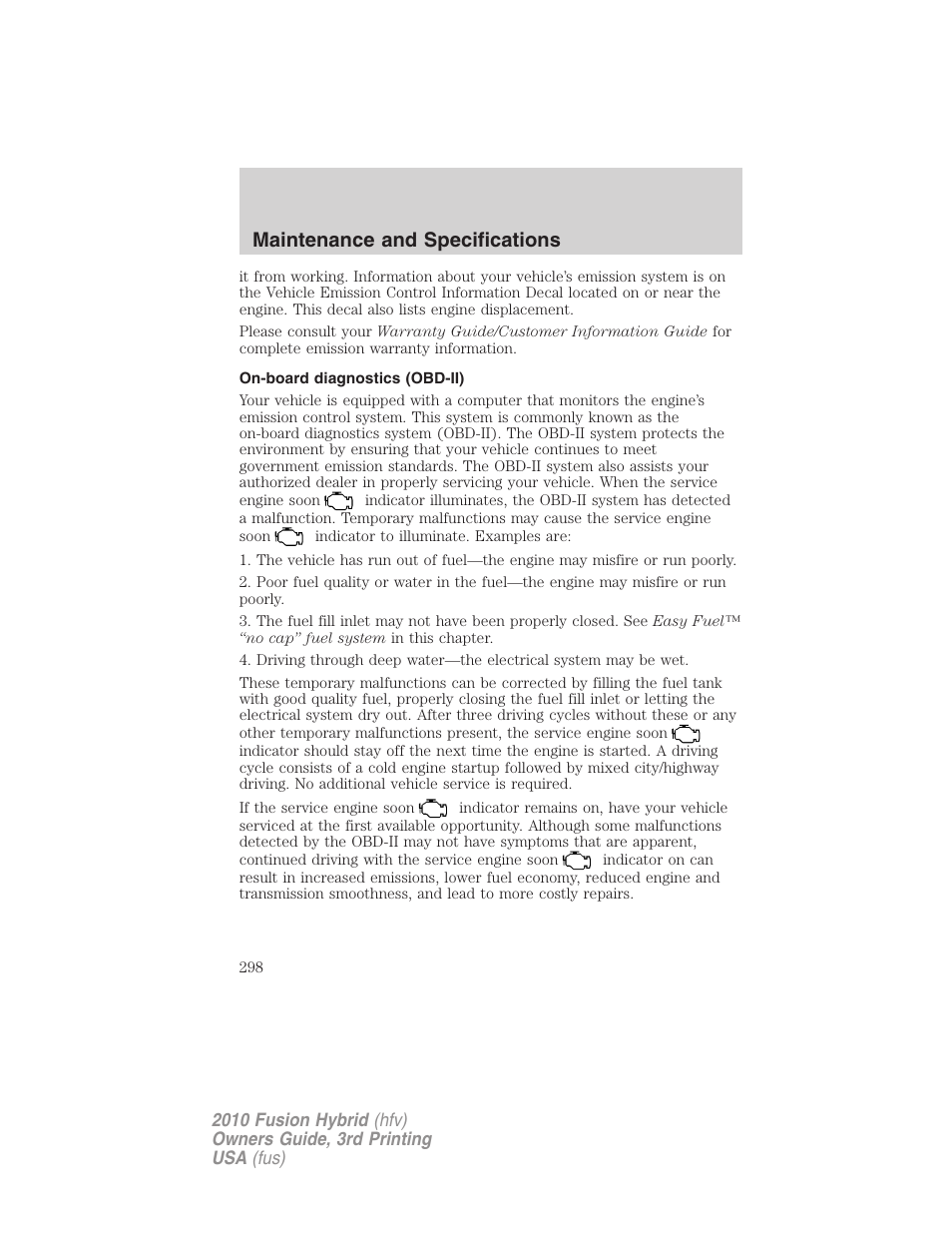 On-board diagnostics (obd-ii), Maintenance and specifications | FORD 2010 Fusion Hybrid v.3 User Manual | Page 298 / 329