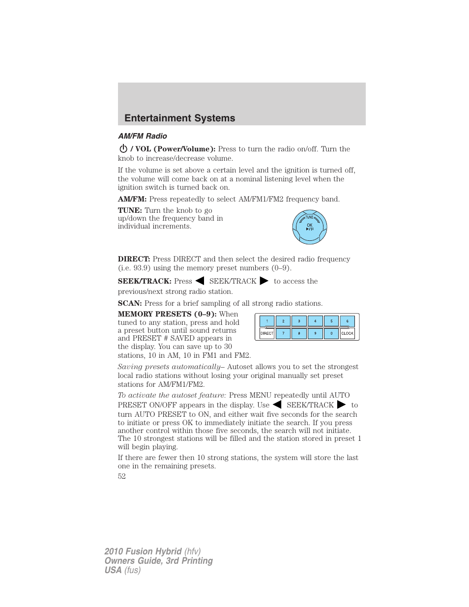 Am/fm radio, Entertainment systems | FORD 2010 Fusion Hybrid v.3 User Manual | Page 52 / 329