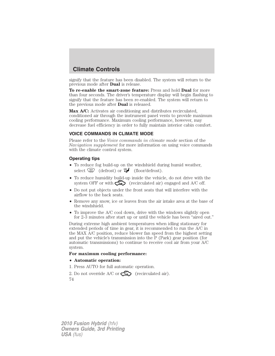 Voice commands in climate mode, Operating tips, Climate controls | FORD 2010 Fusion Hybrid v.3 User Manual | Page 74 / 329