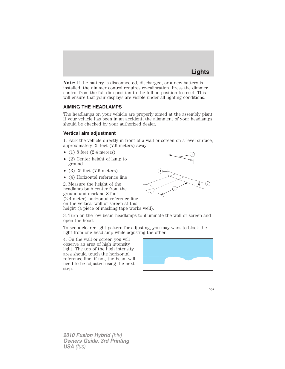 Aiming the headlamps, Vertical aim adjustment, Lights | FORD 2010 Fusion Hybrid v.3 User Manual | Page 79 / 329