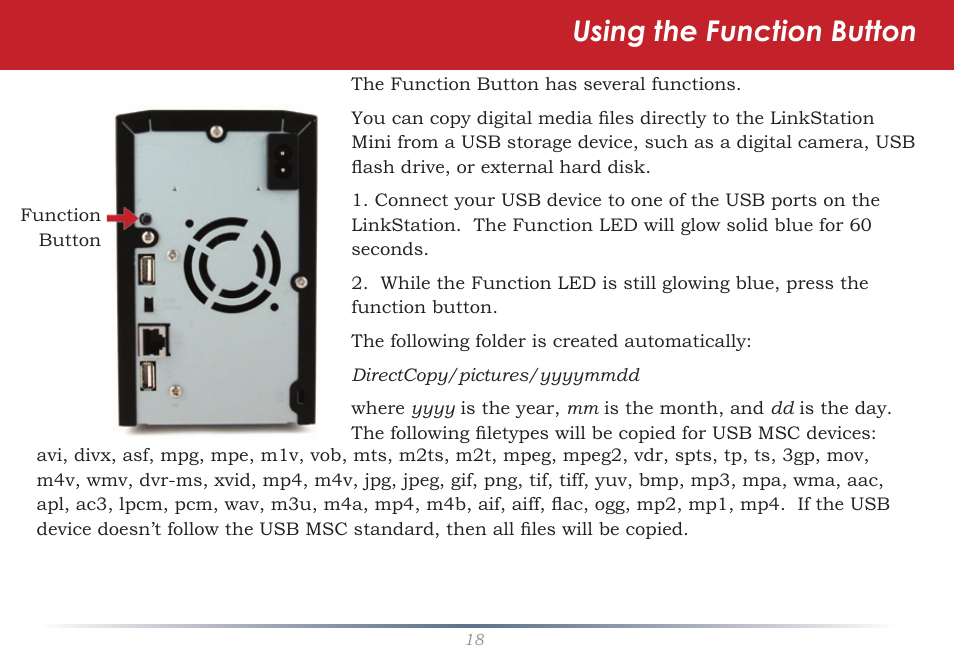 Using the function button | Buffalo Technology LinkStation Pro Duo LS-WTGL/R1 User Manual | Page 18 / 71