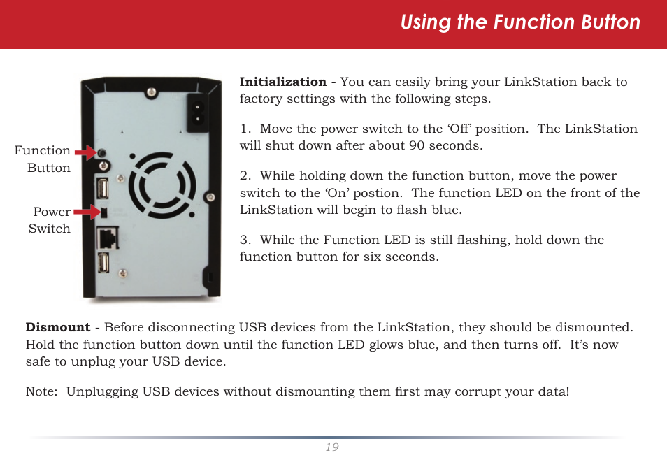 Using the function button | Buffalo Technology LinkStation Pro Duo LS-WTGL/R1 User Manual | Page 19 / 71