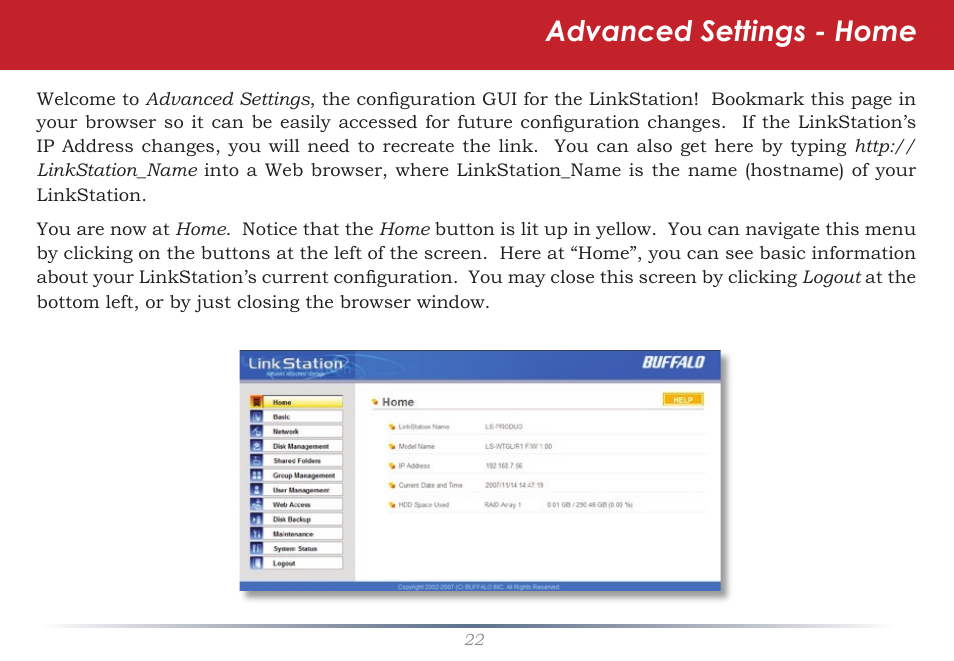 Advanced settings - home | Buffalo Technology LinkStation Pro Duo LS-WTGL/R1 User Manual | Page 22 / 71