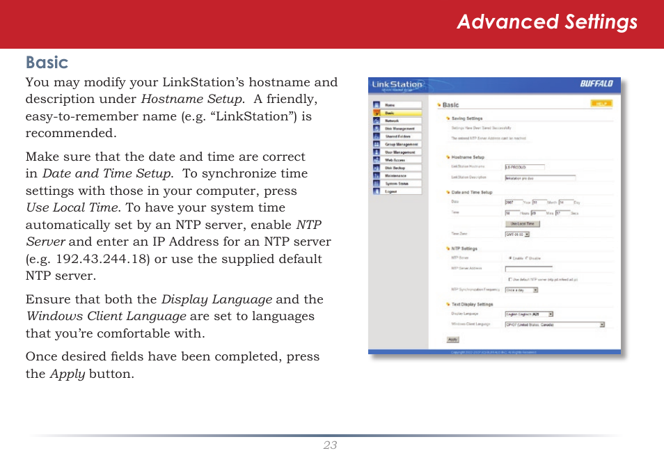 Advanced settings, Basic | Buffalo Technology LinkStation Pro Duo LS-WTGL/R1 User Manual | Page 23 / 71