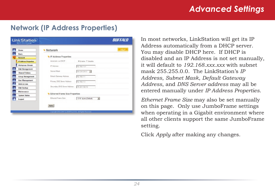Advanced settings, Network (ip address properties) | Buffalo Technology LinkStation Pro Duo LS-WTGL/R1 User Manual | Page 24 / 71