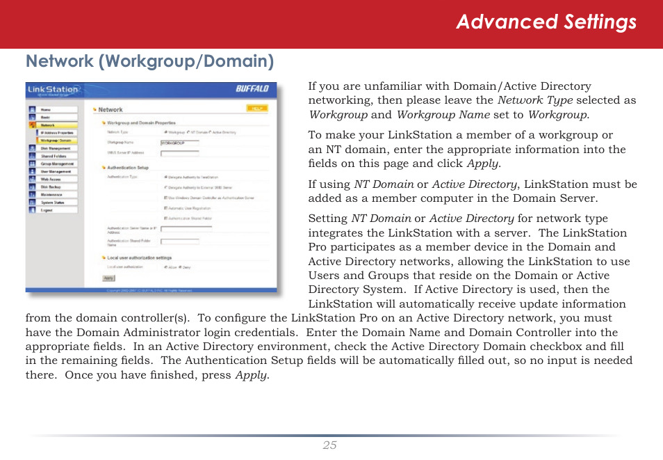 Advanced settings, Network (workgroup/domain) | Buffalo Technology LinkStation Pro Duo LS-WTGL/R1 User Manual | Page 25 / 71