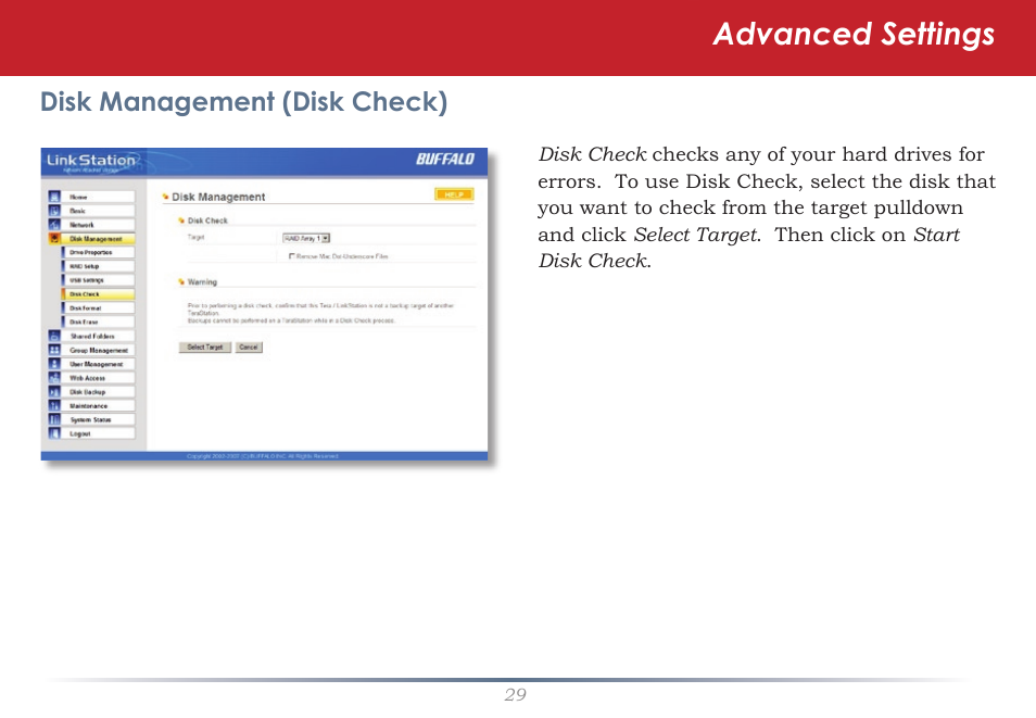 Advanced settings, Disk management (disk check) | Buffalo Technology LinkStation Pro Duo LS-WTGL/R1 User Manual | Page 29 / 71