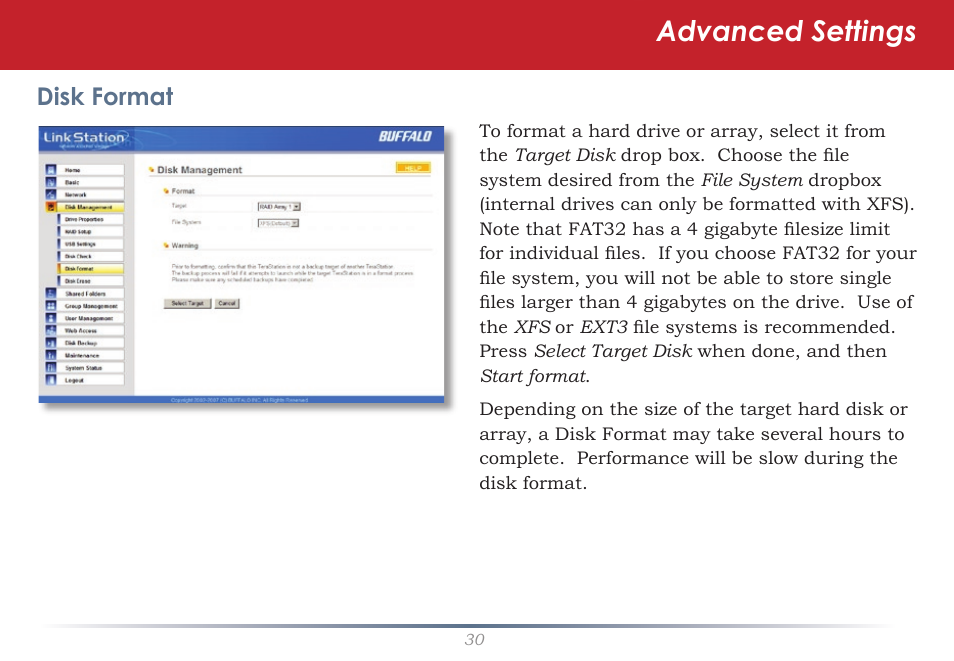 Advanced settings | Buffalo Technology LinkStation Pro Duo LS-WTGL/R1 User Manual | Page 30 / 71
