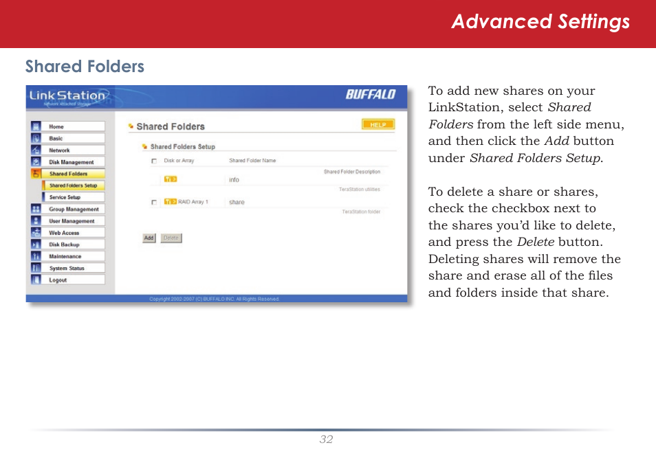 Advanced settings, Shared folders | Buffalo Technology LinkStation Pro Duo LS-WTGL/R1 User Manual | Page 32 / 71