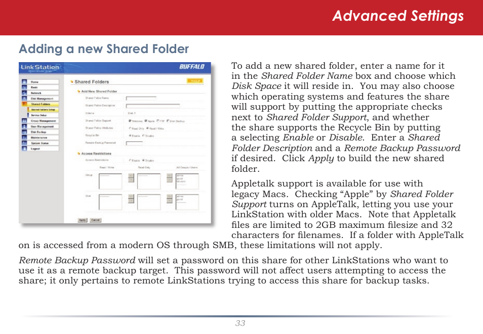 Advanced settings, Adding a new shared folder | Buffalo Technology LinkStation Pro Duo LS-WTGL/R1 User Manual | Page 33 / 71