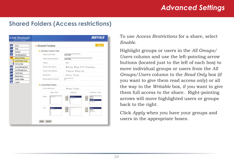 Advanced settings, Shared folders (access restrictions) | Buffalo Technology LinkStation Pro Duo LS-WTGL/R1 User Manual | Page 34 / 71