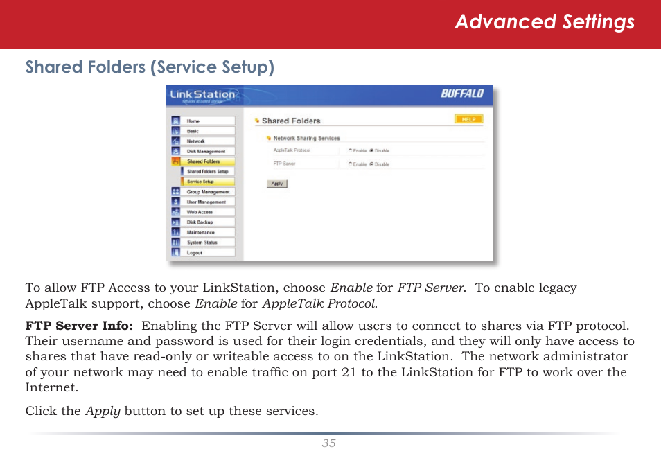 Advanced settings, Shared folders (service setup) | Buffalo Technology LinkStation Pro Duo LS-WTGL/R1 User Manual | Page 35 / 71
