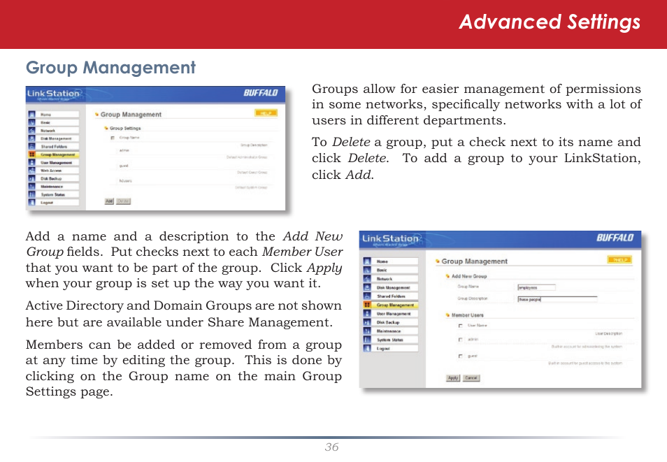 Advanced settings, Group management | Buffalo Technology LinkStation Pro Duo LS-WTGL/R1 User Manual | Page 36 / 71