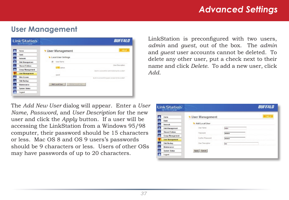 Advanced settings, User management | Buffalo Technology LinkStation Pro Duo LS-WTGL/R1 User Manual | Page 37 / 71
