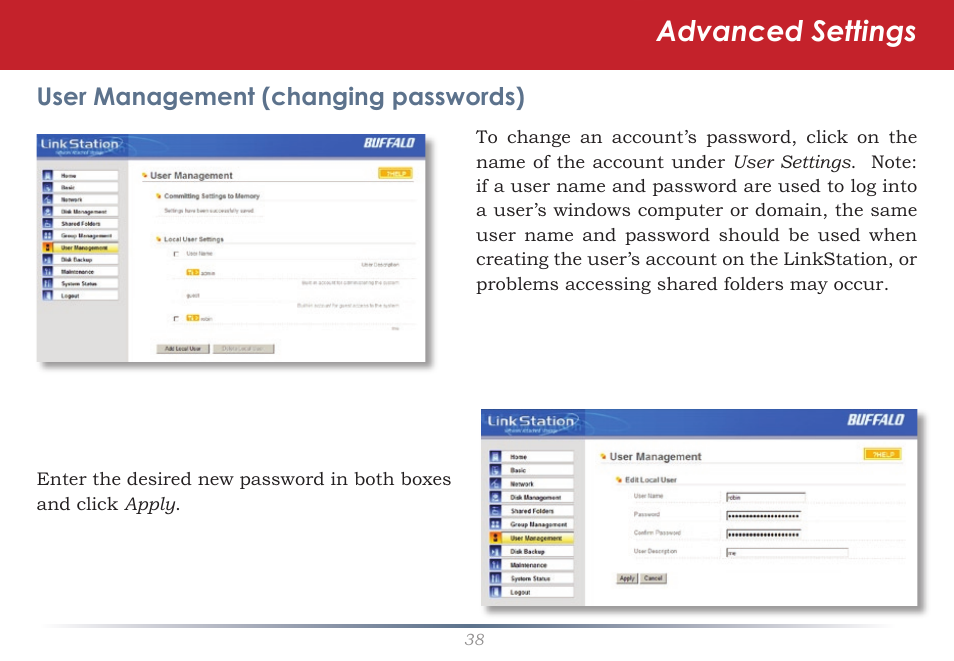 Advanced settings | Buffalo Technology LinkStation Pro Duo LS-WTGL/R1 User Manual | Page 38 / 71