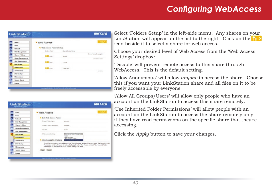 Configuring webaccess | Buffalo Technology LinkStation Pro Duo LS-WTGL/R1 User Manual | Page 40 / 71