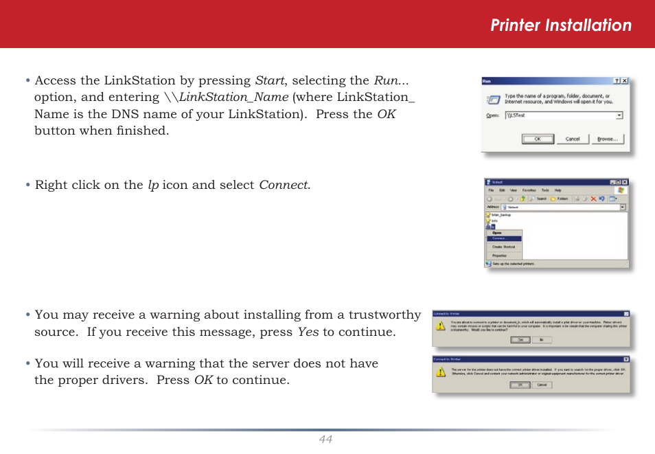 Printer installation | Buffalo Technology LinkStation Pro Duo LS-WTGL/R1 User Manual | Page 44 / 71