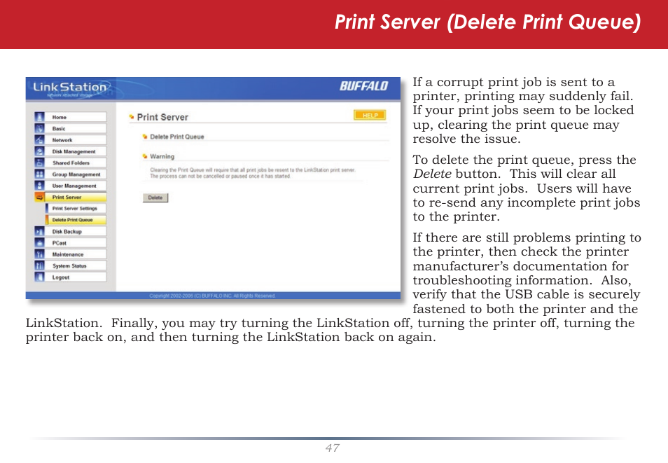 Print server (delete print queue) | Buffalo Technology LinkStation Pro Duo LS-WTGL/R1 User Manual | Page 47 / 71