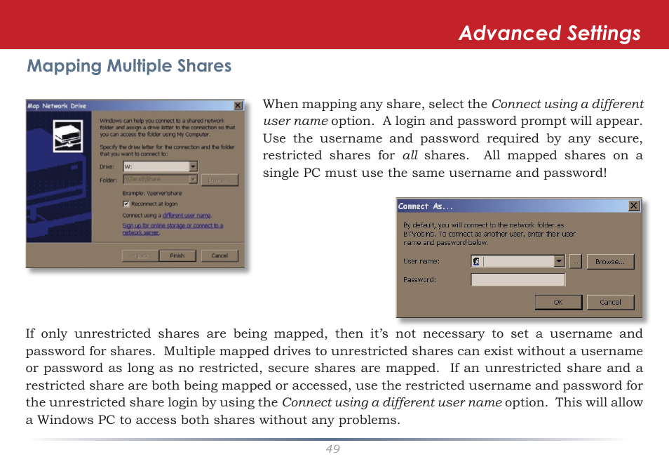 Advanced settings, Mapping multiple shares | Buffalo Technology LinkStation Pro Duo LS-WTGL/R1 User Manual | Page 49 / 71