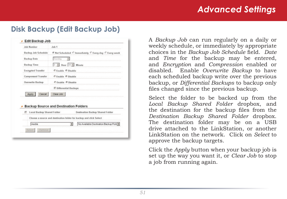 Advanced settings, Disk backup (edit backup job) | Buffalo Technology LinkStation Pro Duo LS-WTGL/R1 User Manual | Page 51 / 71