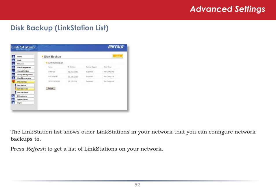 Advanced settings | Buffalo Technology LinkStation Pro Duo LS-WTGL/R1 User Manual | Page 52 / 71