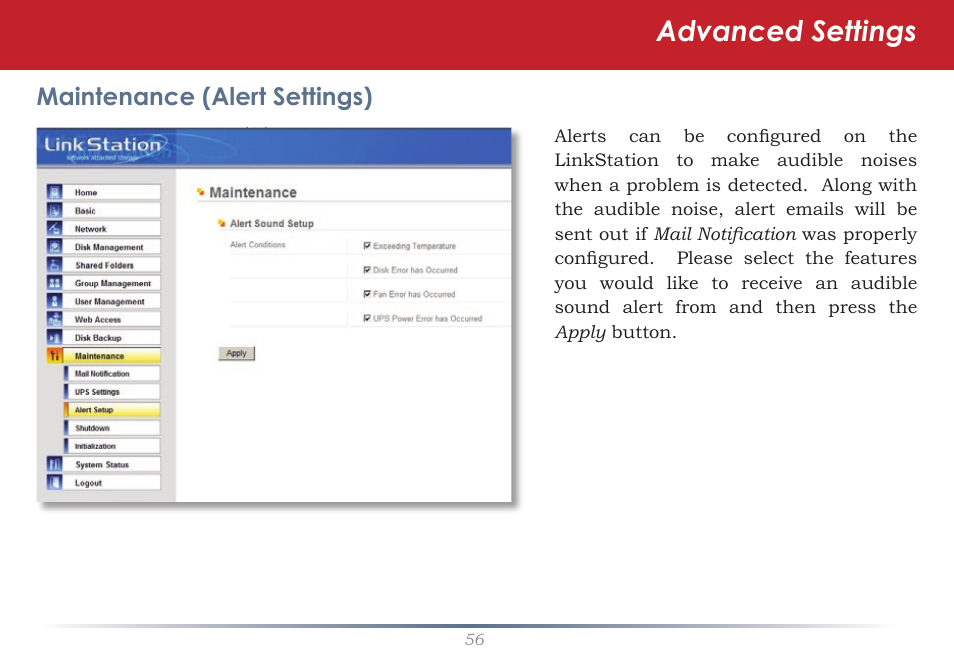 Advanced settings | Buffalo Technology LinkStation Pro Duo LS-WTGL/R1 User Manual | Page 56 / 71