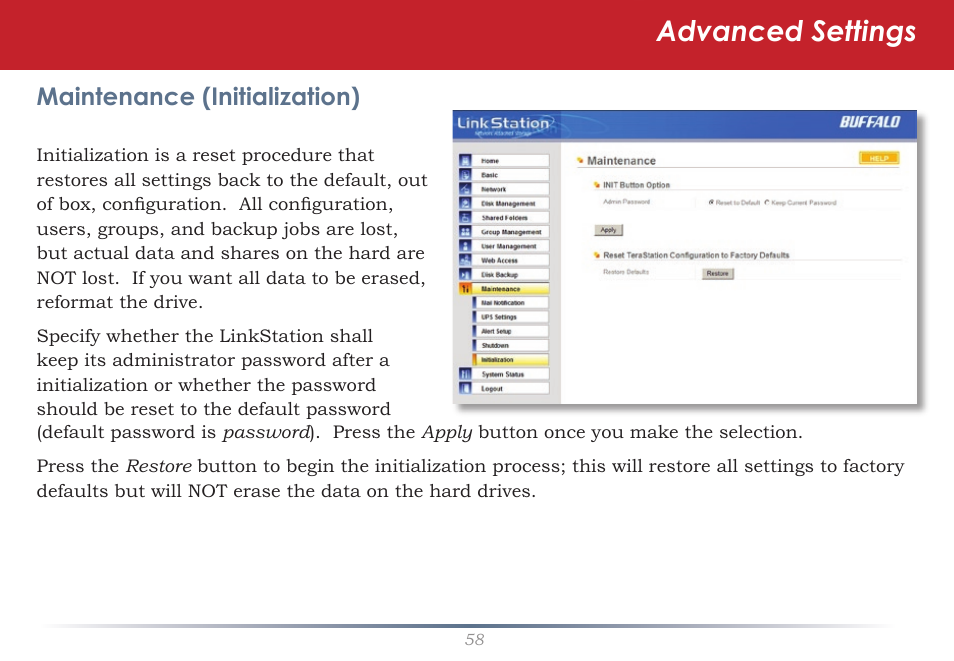 Advanced settings | Buffalo Technology LinkStation Pro Duo LS-WTGL/R1 User Manual | Page 58 / 71