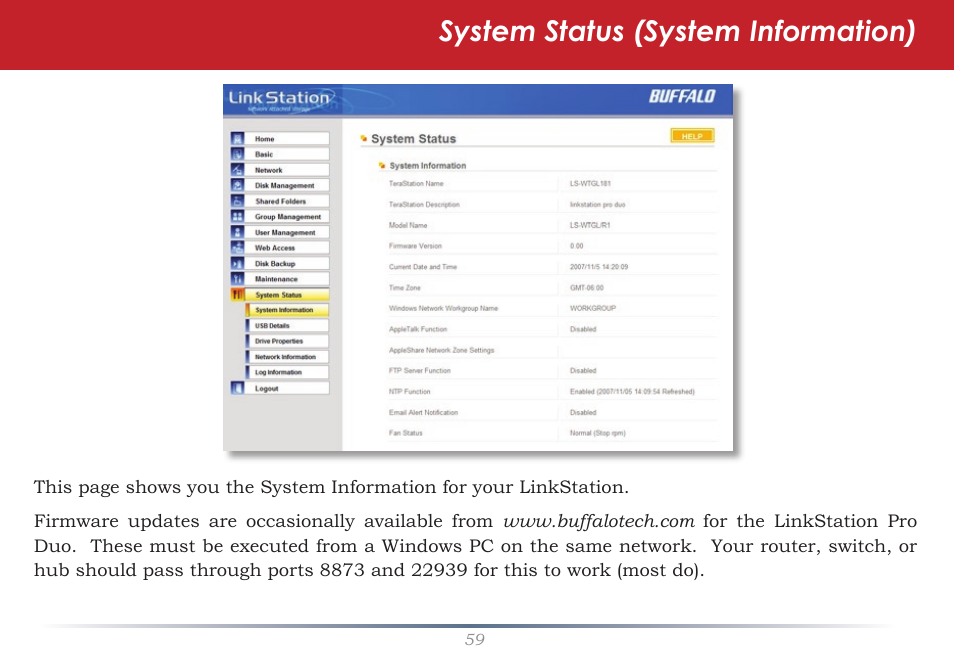 System status (system information) | Buffalo Technology LinkStation Pro Duo LS-WTGL/R1 User Manual | Page 59 / 71